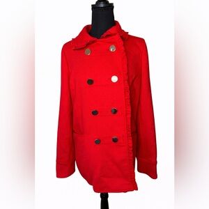 Crown & Ivy Red Ruffle Peacoat Double Breasted Gold Button Americana Jacket- Med